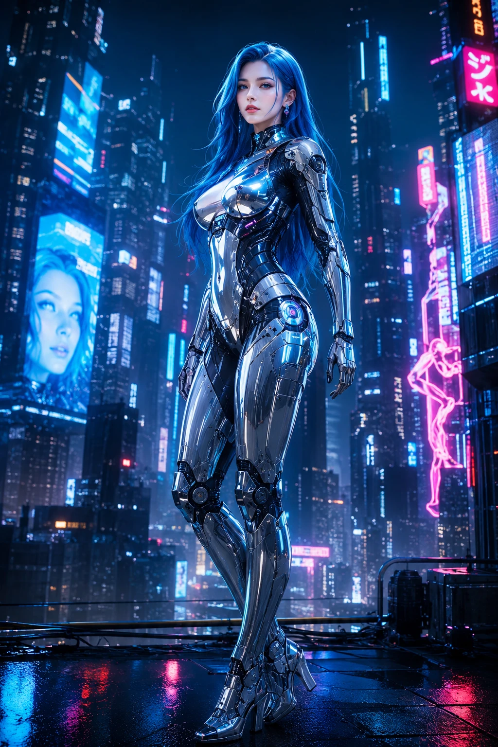 Futuristische Android-Frau in Chromrüstung vor Neonstadt