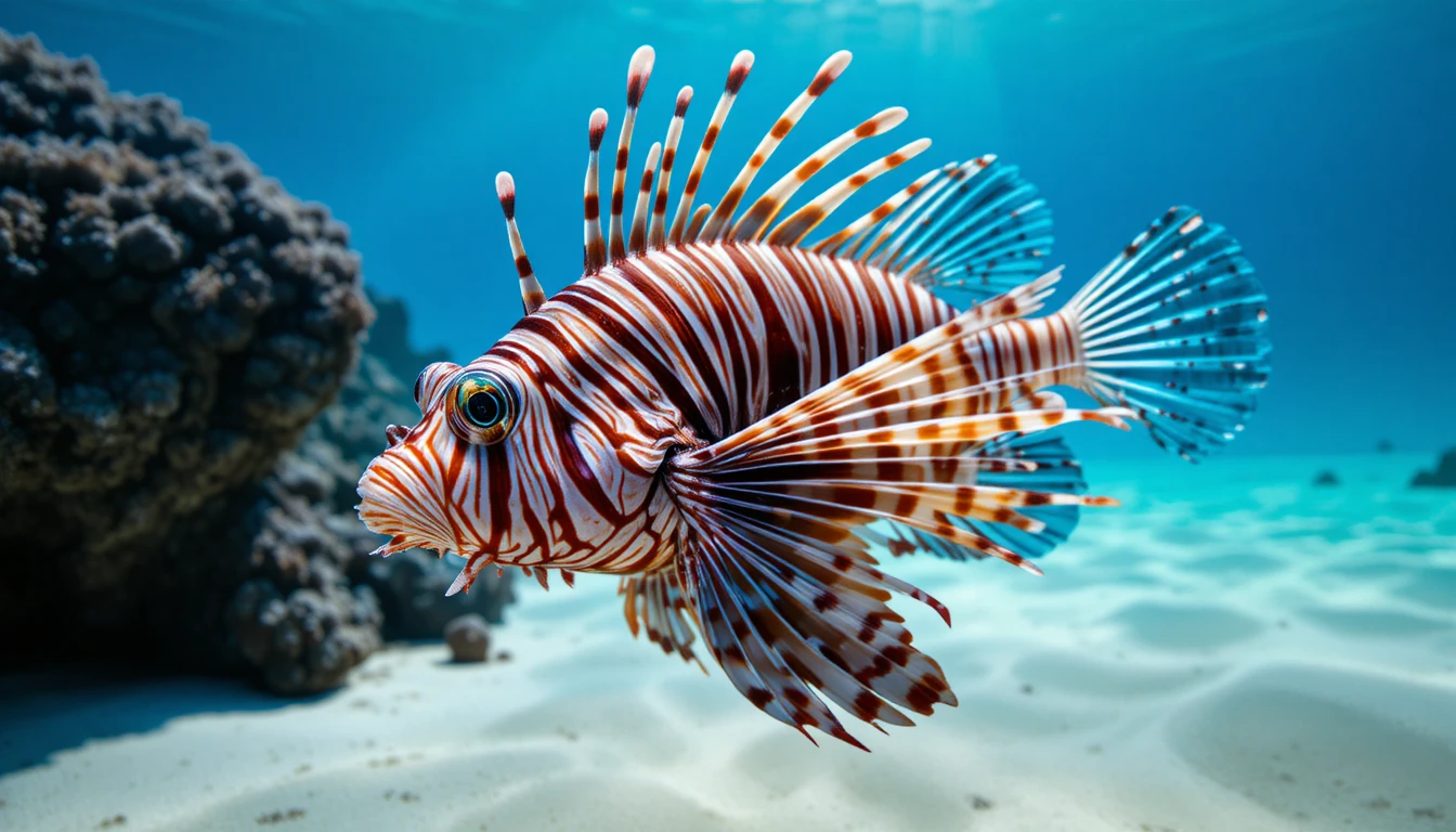 Peixe-leão colorido debaixo d’água no oceano azul cristalino
