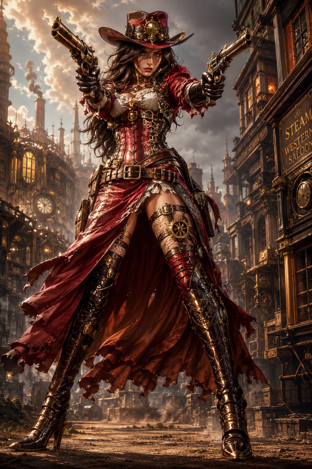 Cowgirl steampunk mirando com pistolas duplas em cena fantástica cinematográfica