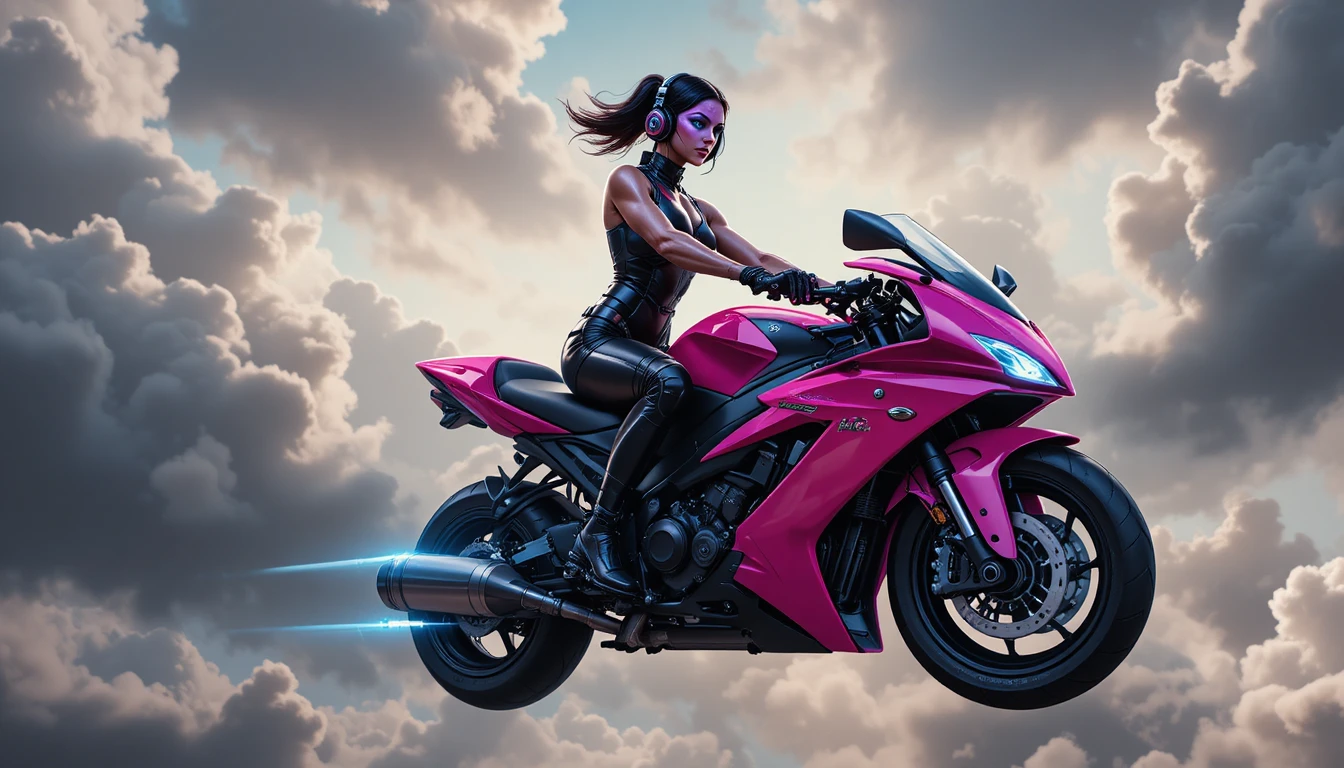 Sci fi warrior woman on pink hoverbike in cloudy sky