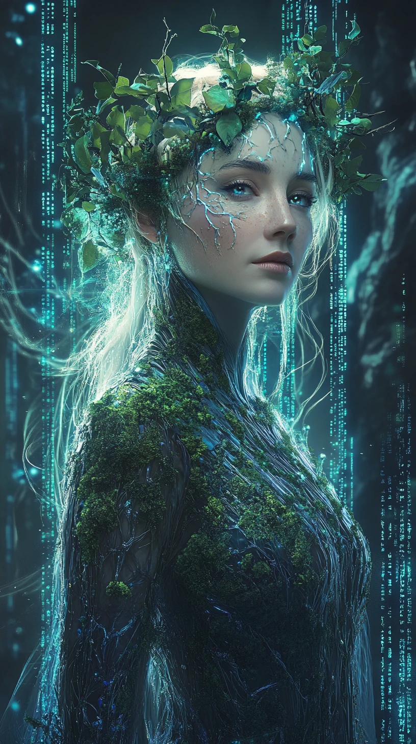 Principessa della foresta con licheni luminosi in un mondo digitale al neon