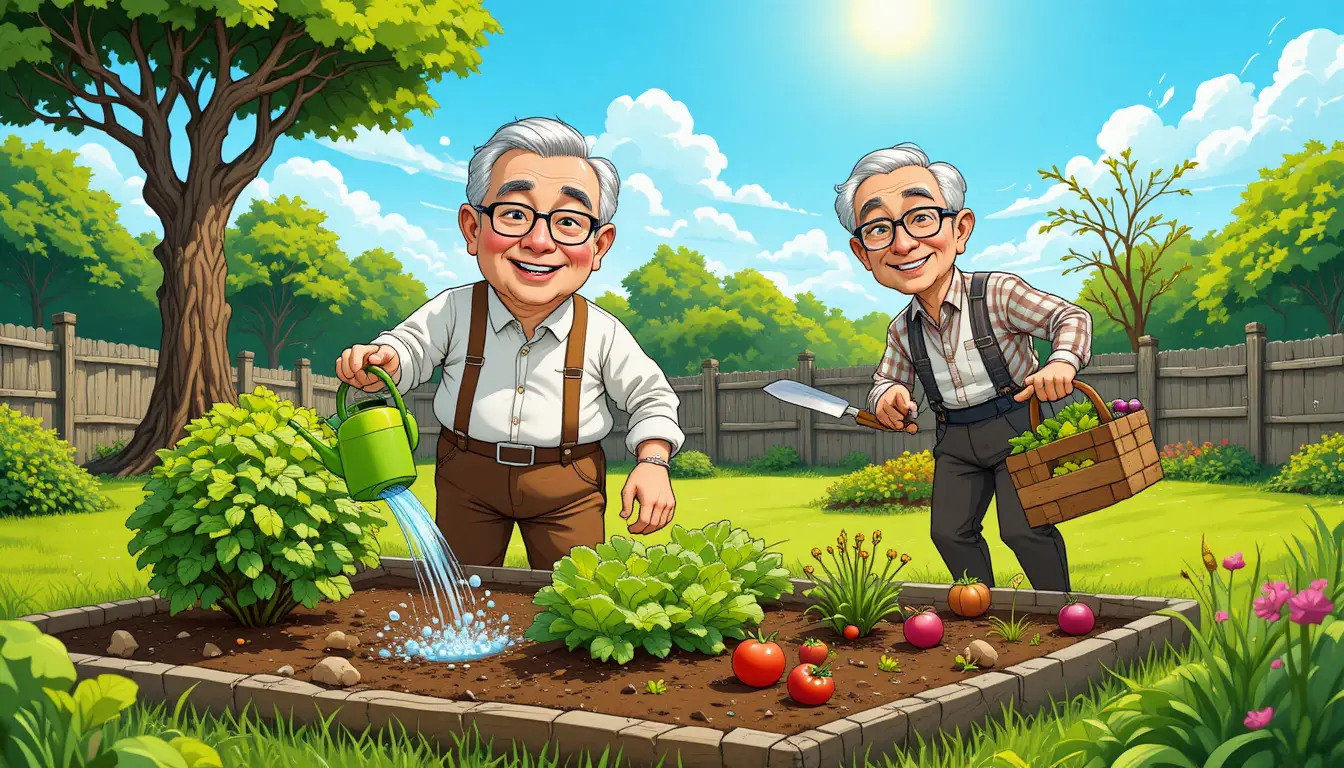 色彩繽紛卡通風菜園裡做園藝的年長男人