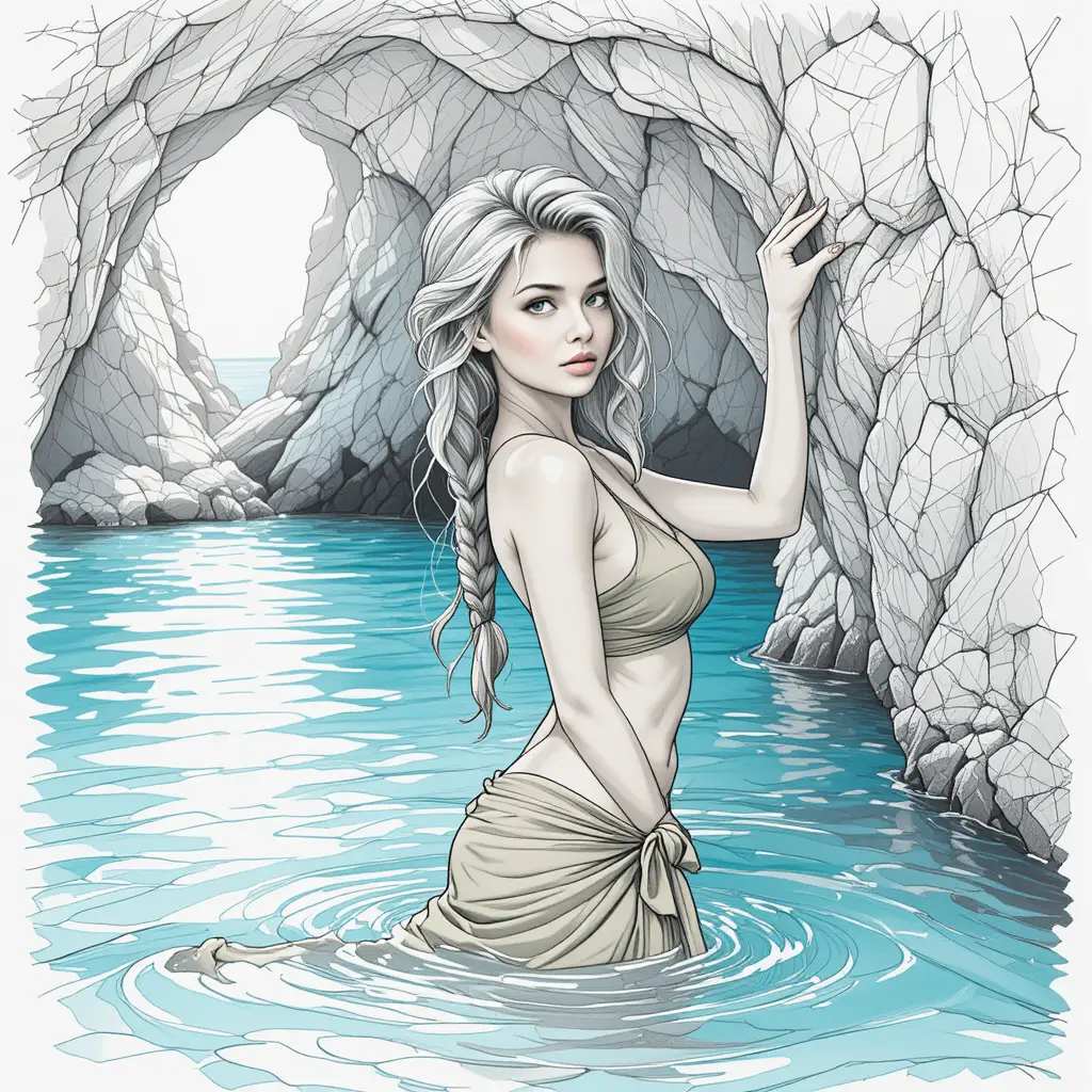 Woman in sea cave with braids and green sarong