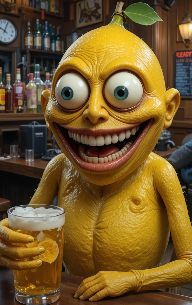 Zeichentrick-Zitrone mit Kulleraugen, die betrunken an der Bar lächelt