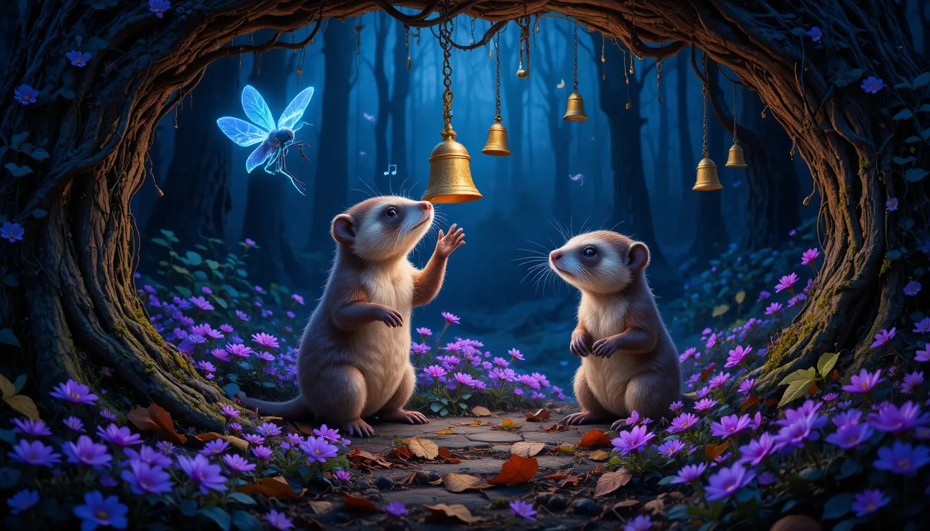 Two Curious Stoats With Bells In A Magical Forest