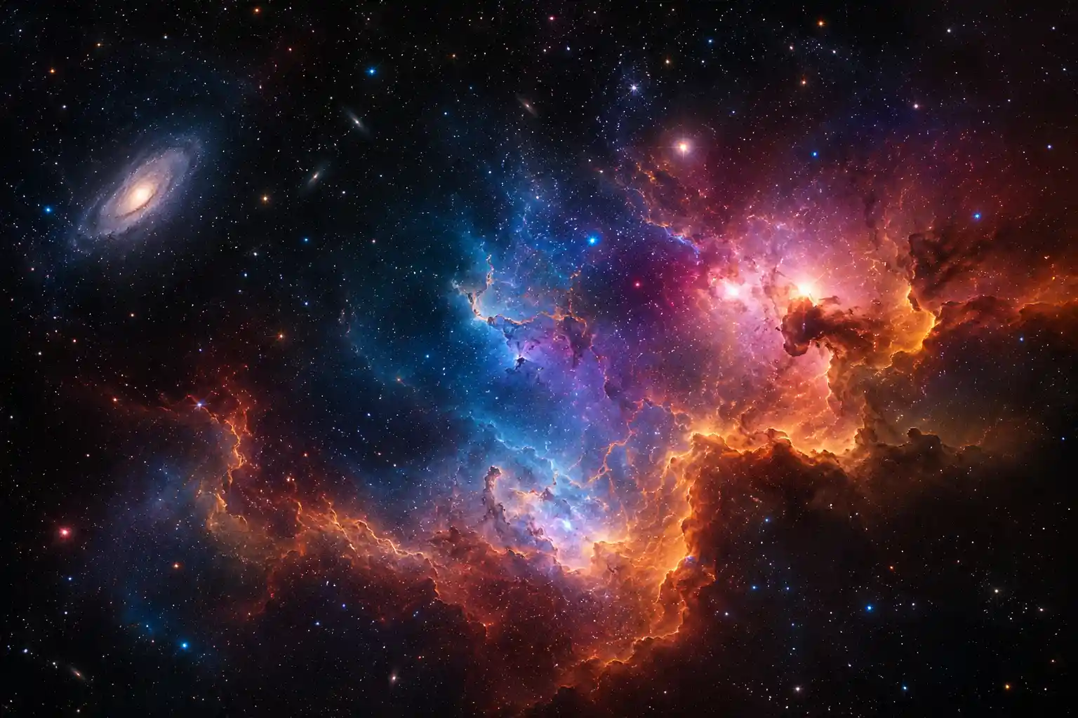 Vista 3D vibrante de galáxias, nebulosas e estrelas