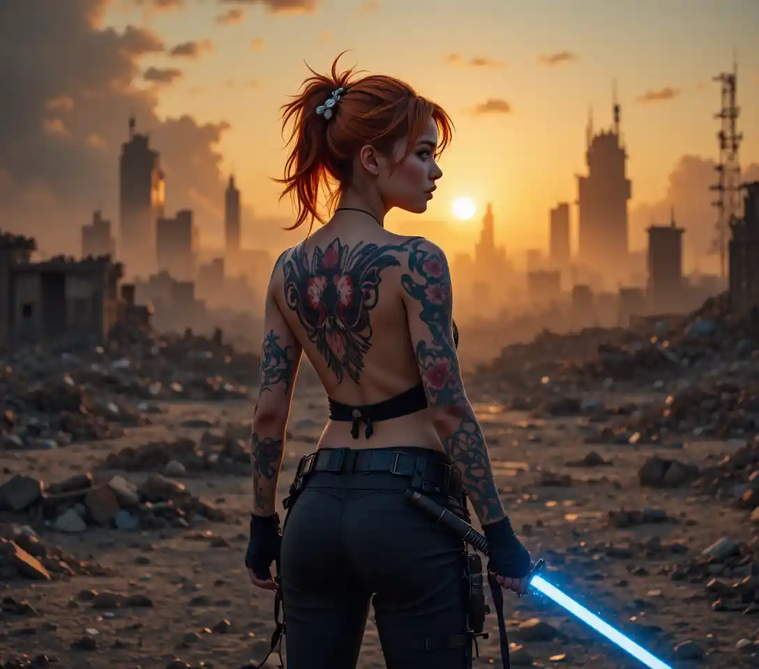 Tattooed warrior woman with energy sword at sunset