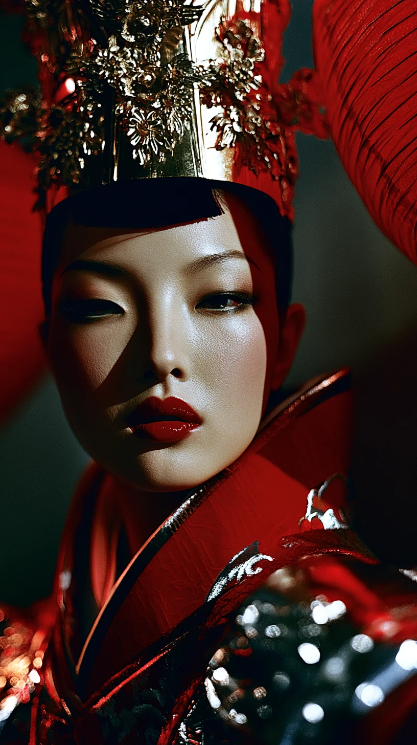 Elegante mulher asiática de vermelho com ornamentado adereço de cabeça dourado