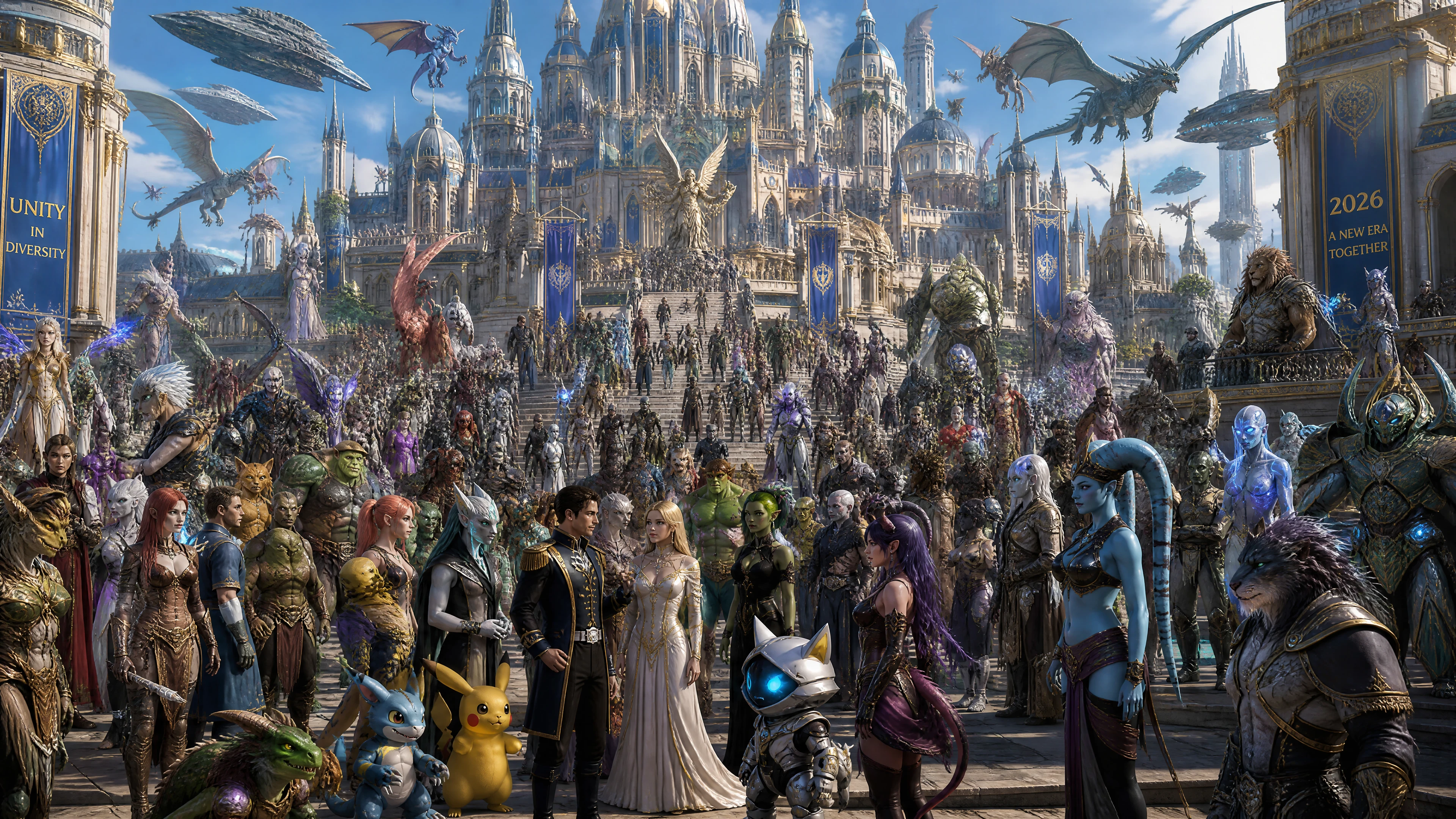 Città fantasy con diverse specie mitiche e umane