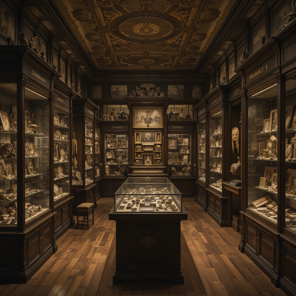 溫潤木質展櫃中的古代文物博物館室內景