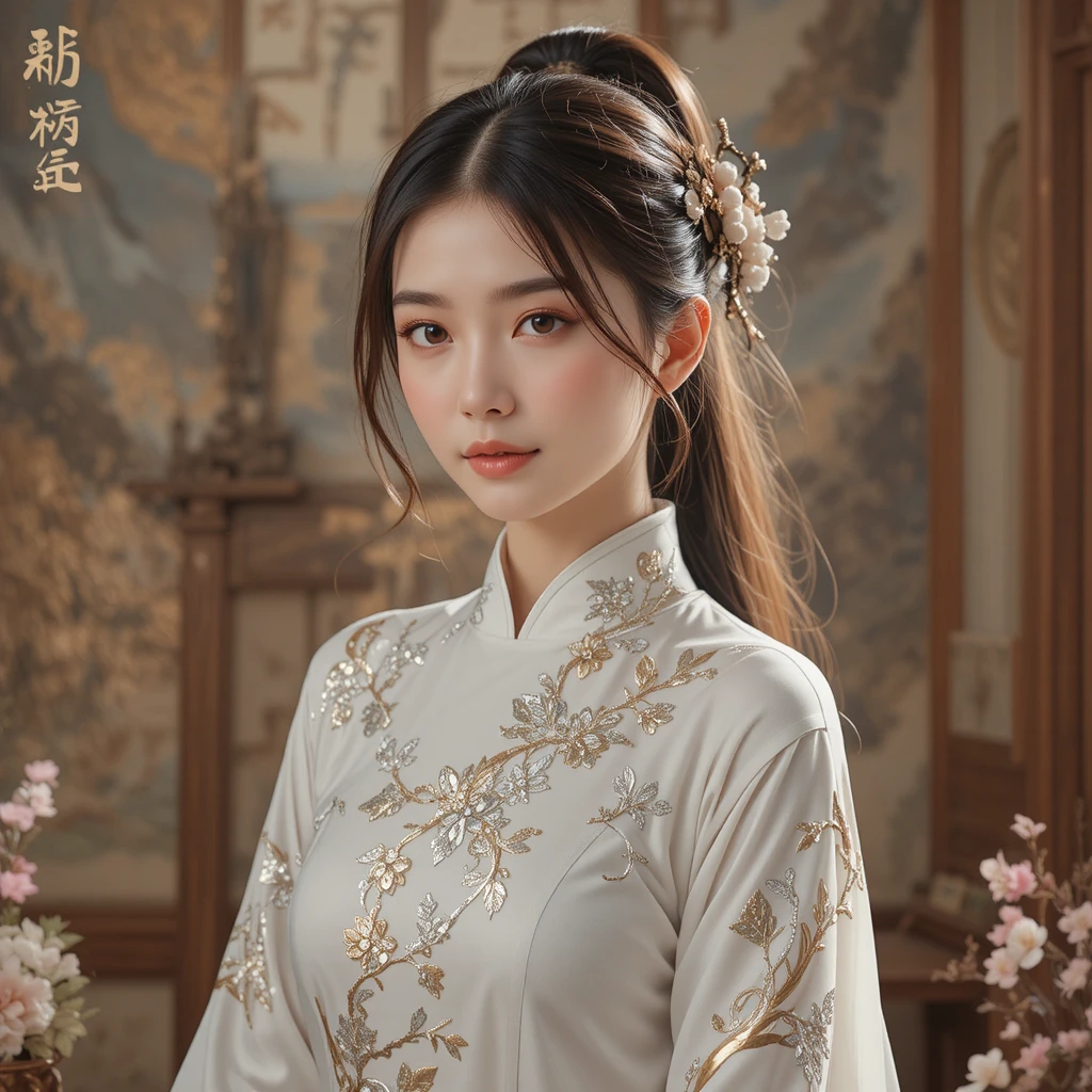 Garota fofa em hanfu branco com mangas bordadas únicas