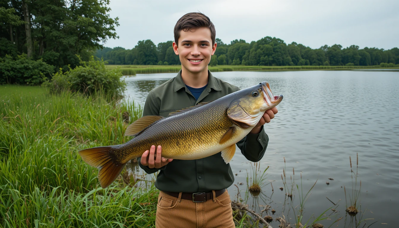 Junger Mann mit einem Bass am ländlichen Seeufer