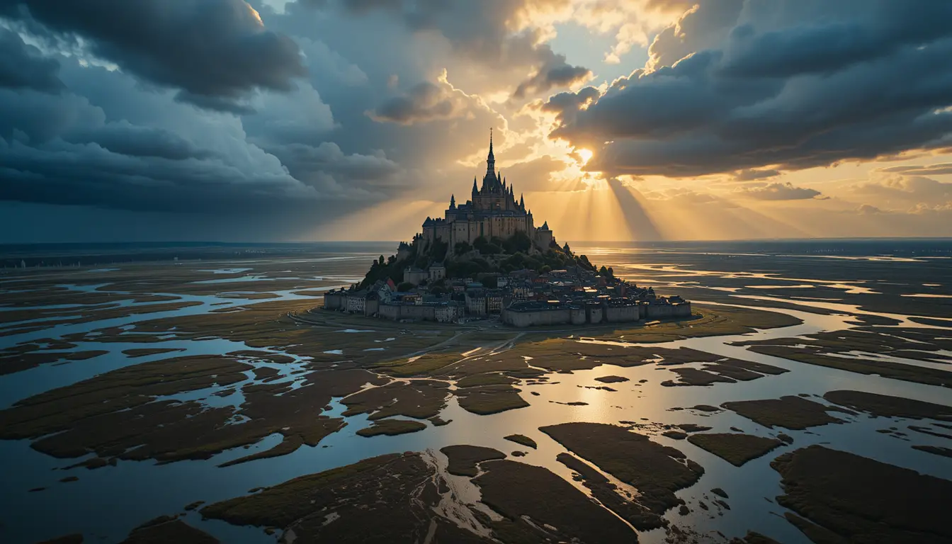 Aerial view of mont saint michel at dramatic dusk