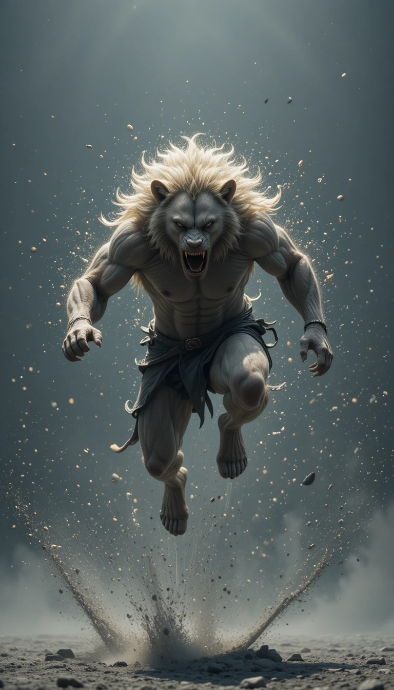 Leaping lion captured in dynamic cinematic digital painting