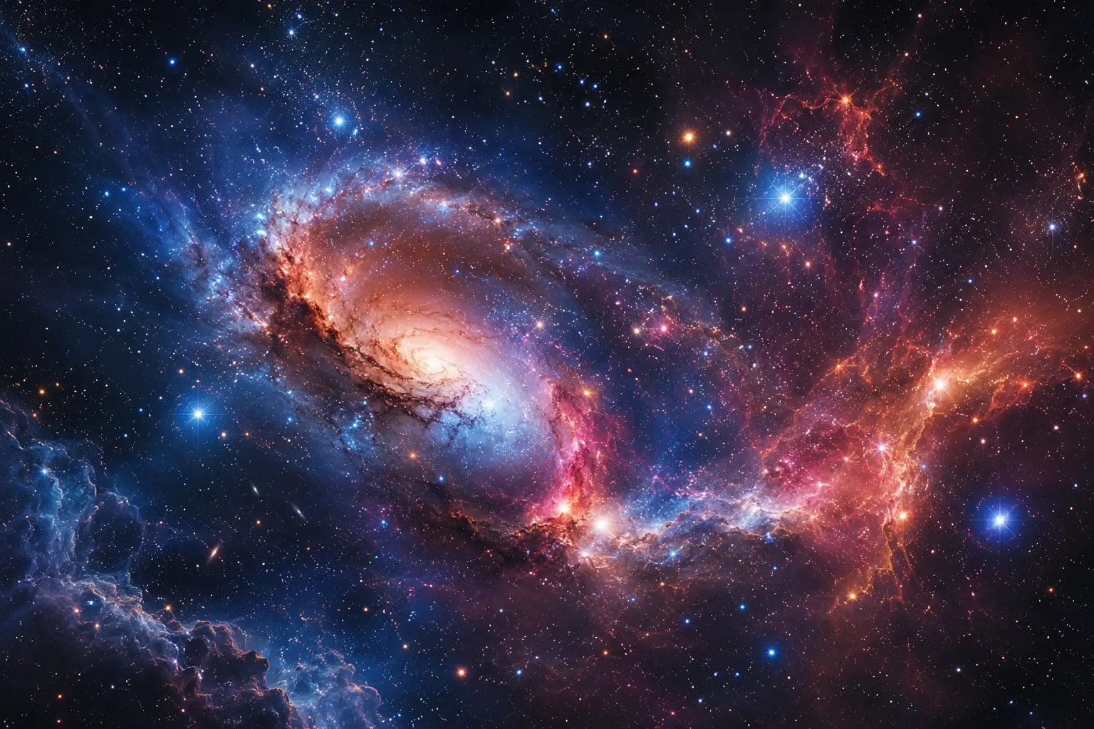 Lebendiger Tiefenraum mit Galaxien, Nebeln und Sternen
