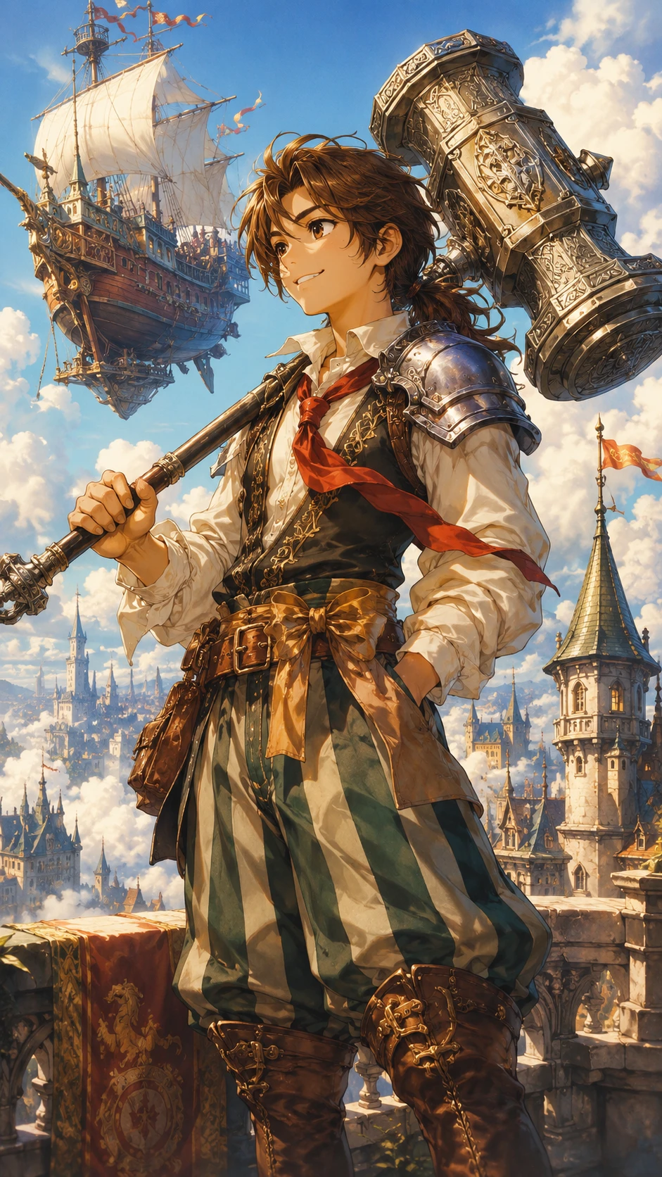 Héros de fantasy avec marteau de guerre dans un ciel lumineux