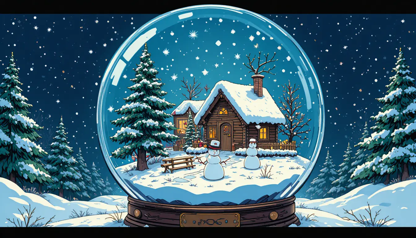 雪花球中的溫馨冬日小木屋插畫