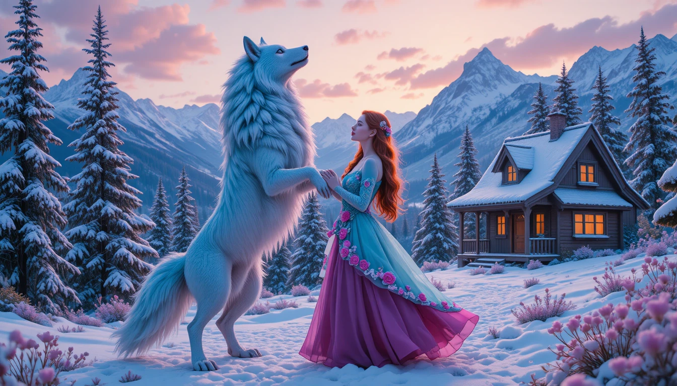 Woman Dancing With Blue Wolf In Snowy Forest