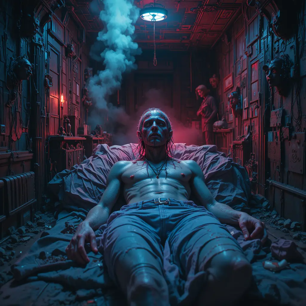 Surreal horror illustration of a lurking watcher in basement