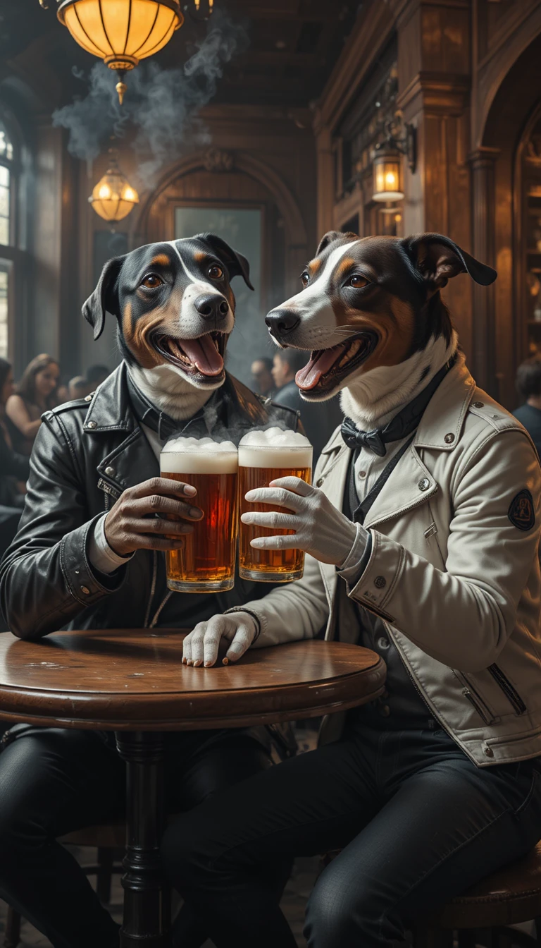 Chiens anthropomorphes partageant une bière dans un pub en bois chaleureux