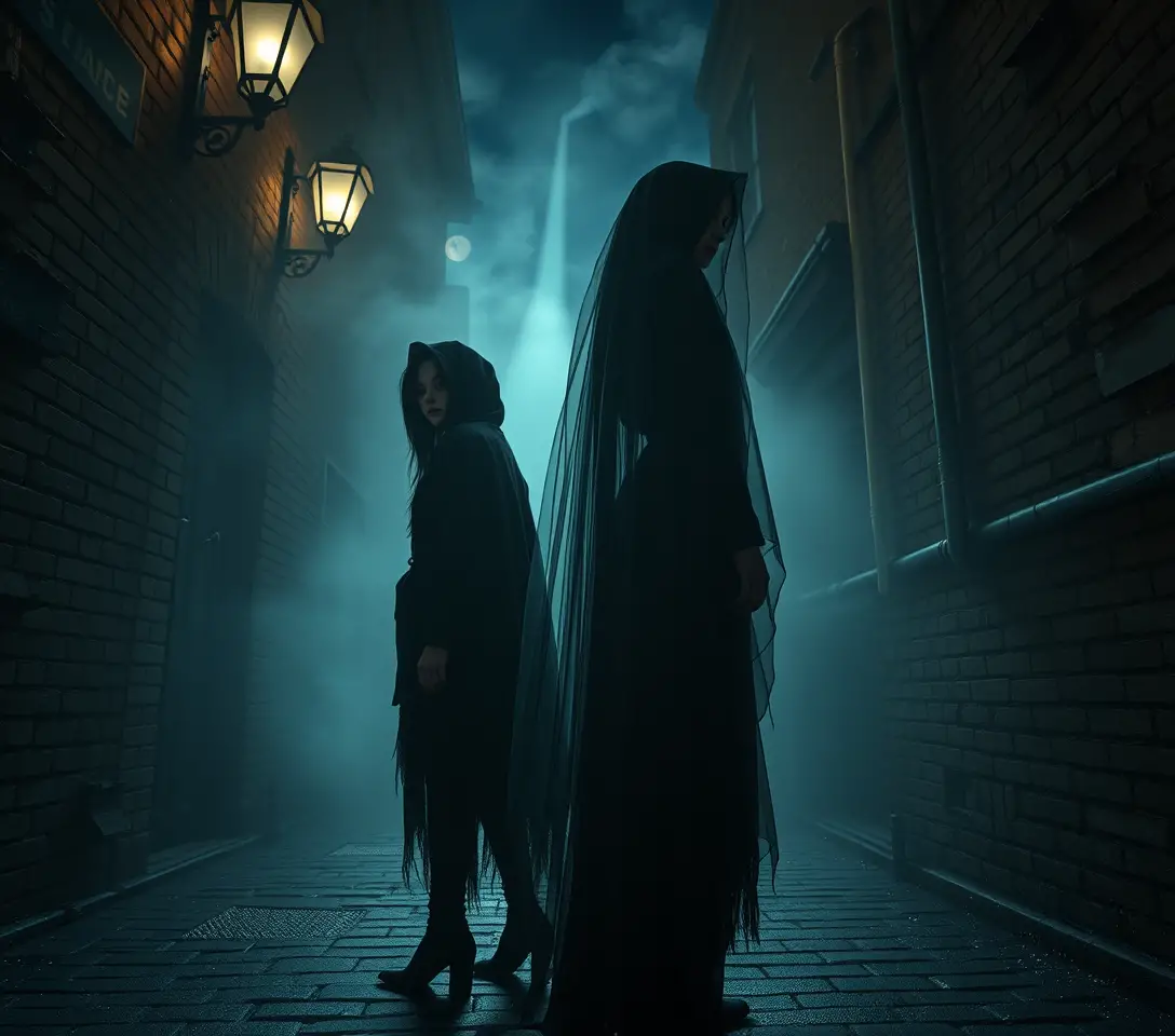 Two women back to back in a foggy gothic alley