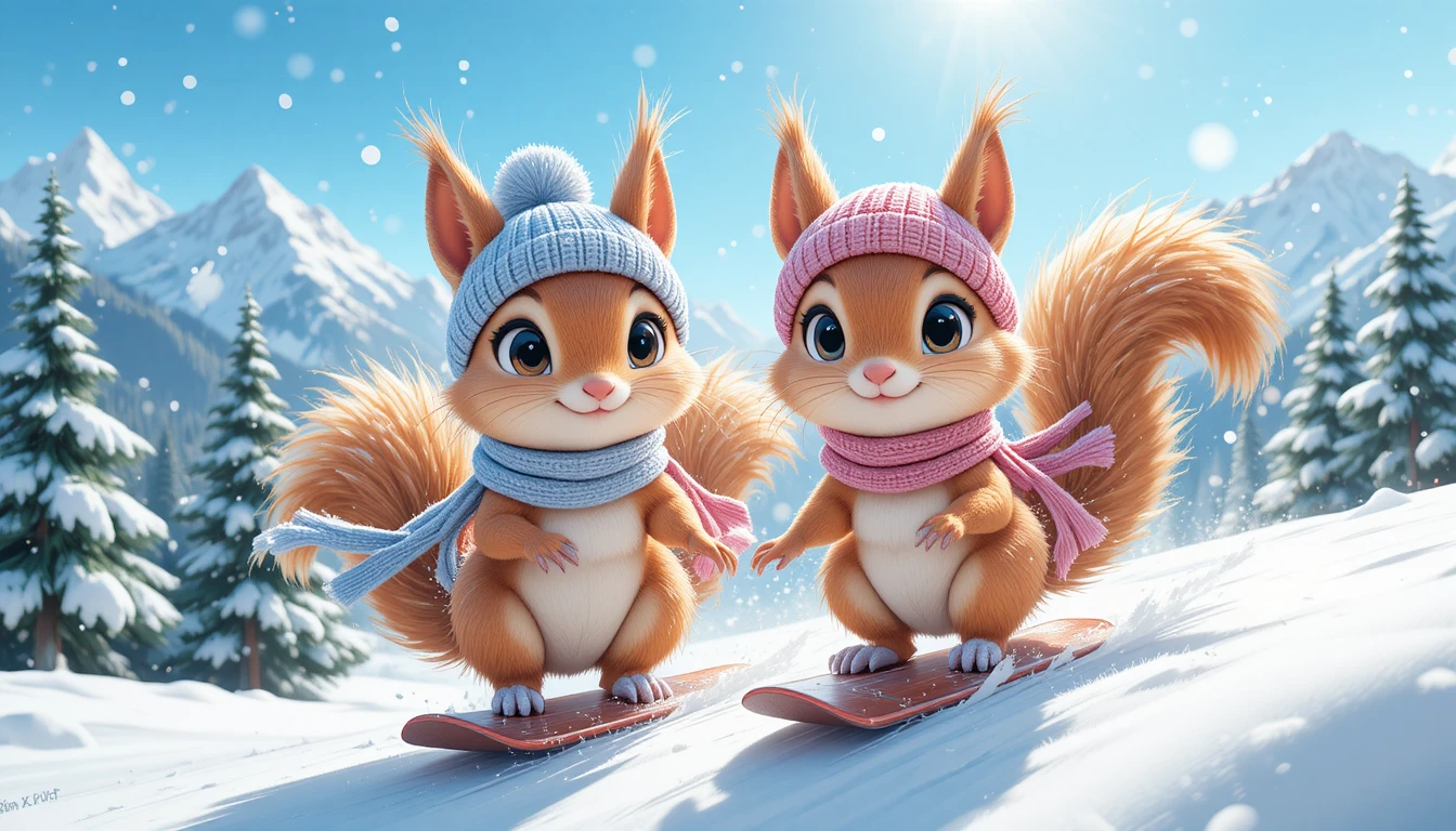 Adorables écureuils faisant du snowboard sur une pente de montagne enneigée