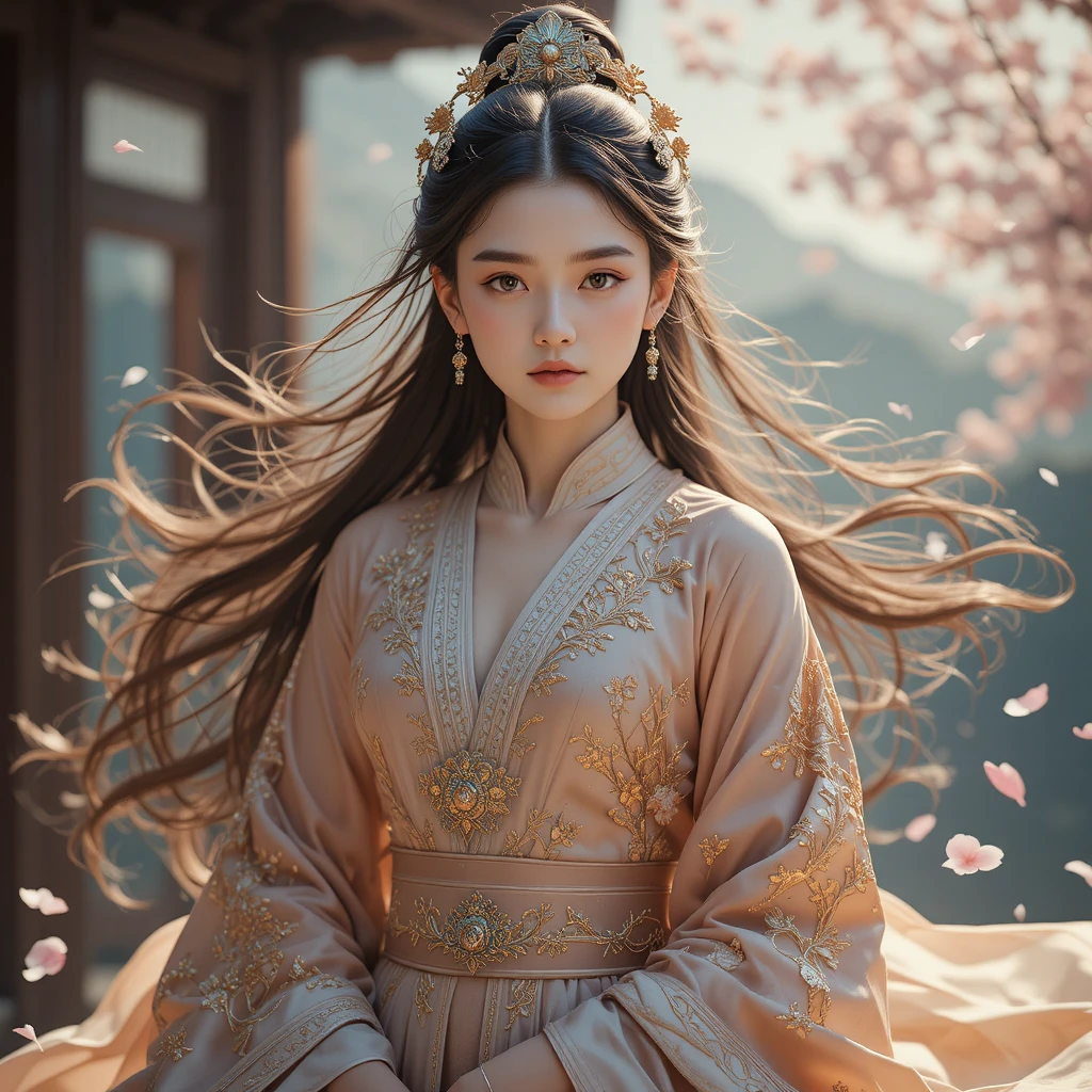 Chinesische Frau im traditionellen Hanfu zwischen fallenden Kirschblüten