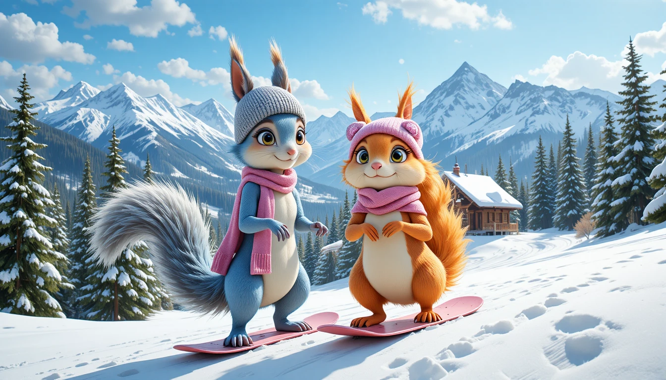 Adorables écureuils de dessin animé faisant du snowboard sur une montagne enneigée