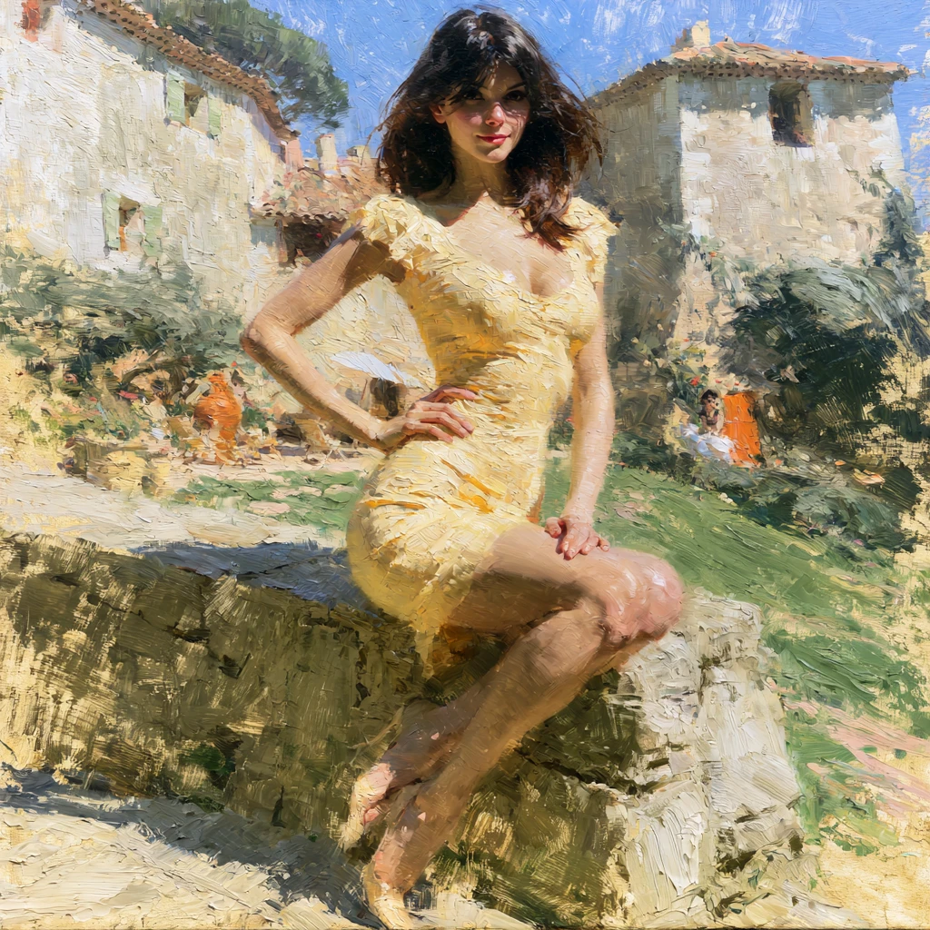 Elegante mulher morena de minivestido ao lado de uma casa de fazenda