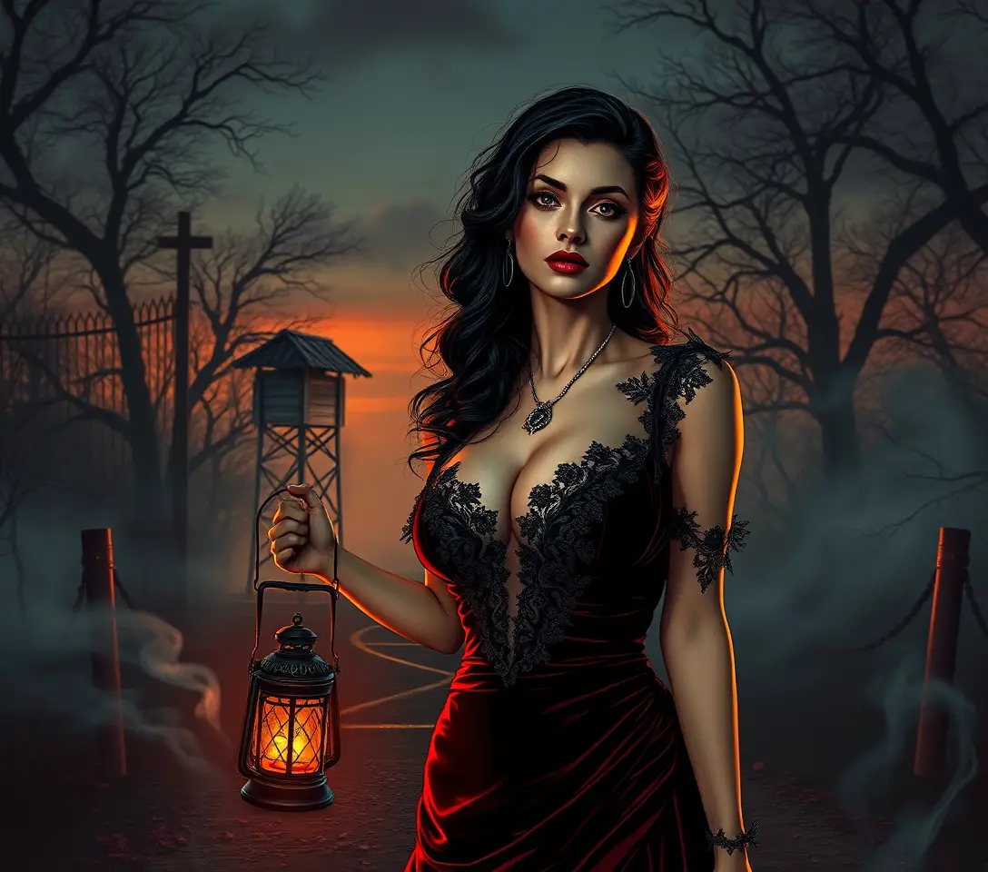 Gothic woman at a misty crossroads with lantern