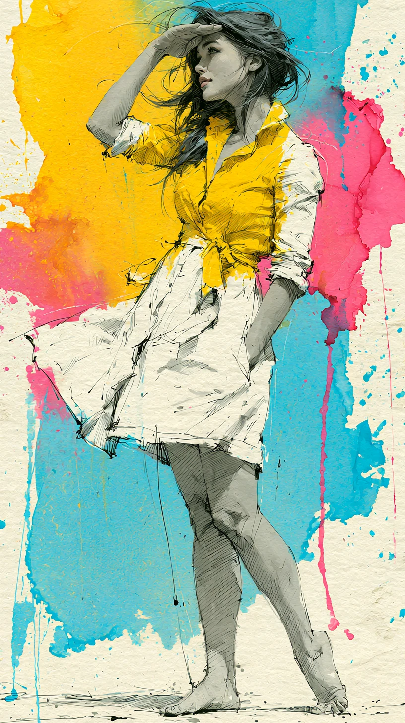 Woman shielding her eyes in ink drawing over watercolor