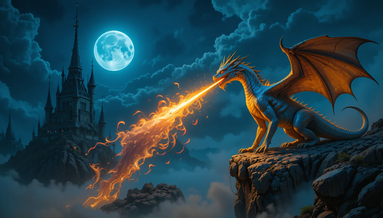 Majestätischer Drache speit Feuer über einer Fantasy-Klippe