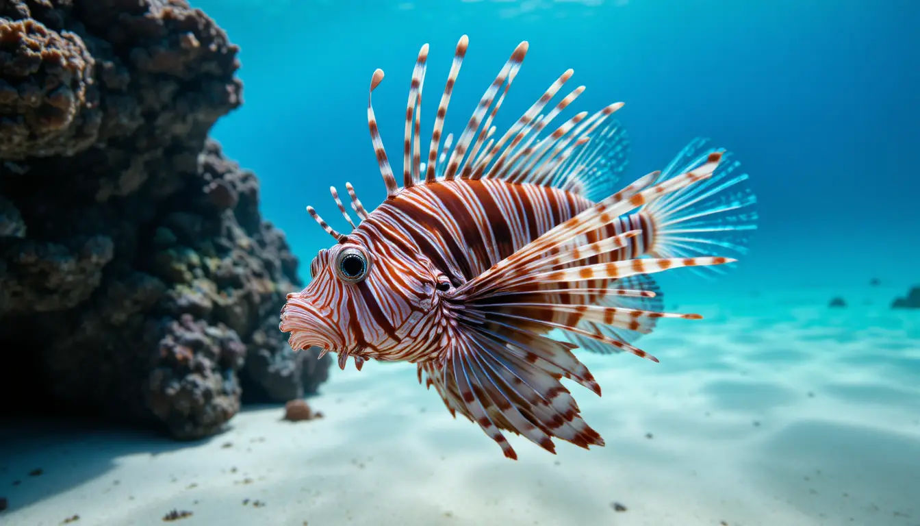Farbenprächtiger Rotfeuerfisch im klaren blauen Tropenwasser