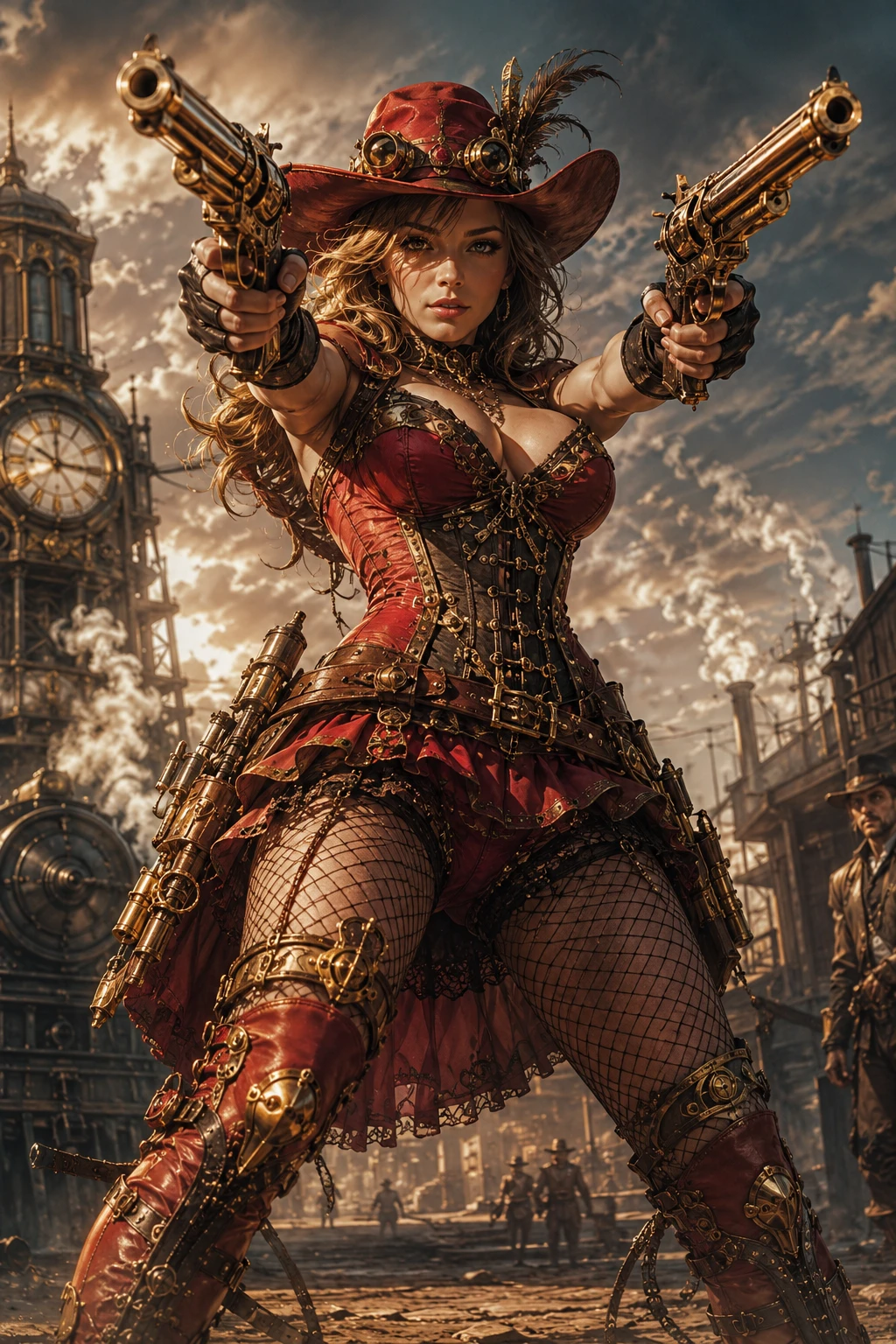 Cowgirl steampunk visant avec deux pistolets dans une scène de fantasy épique