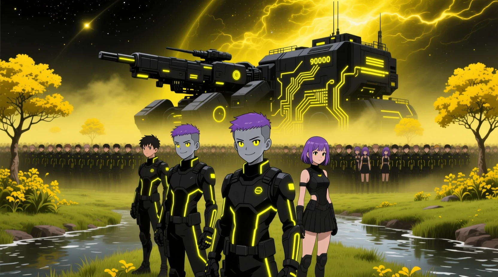 Esercito futuristico di adolescenti su un campo di battaglia sci‑fi al neon