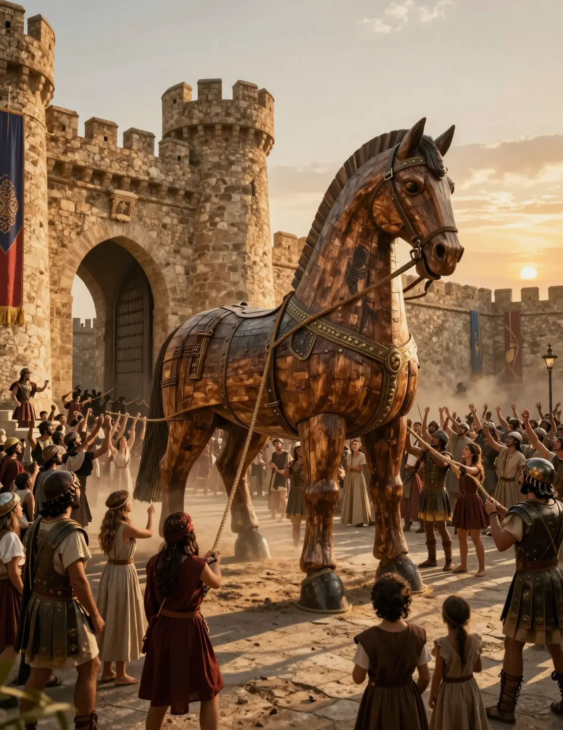 Trojan citizens pull the wooden horse through Troy