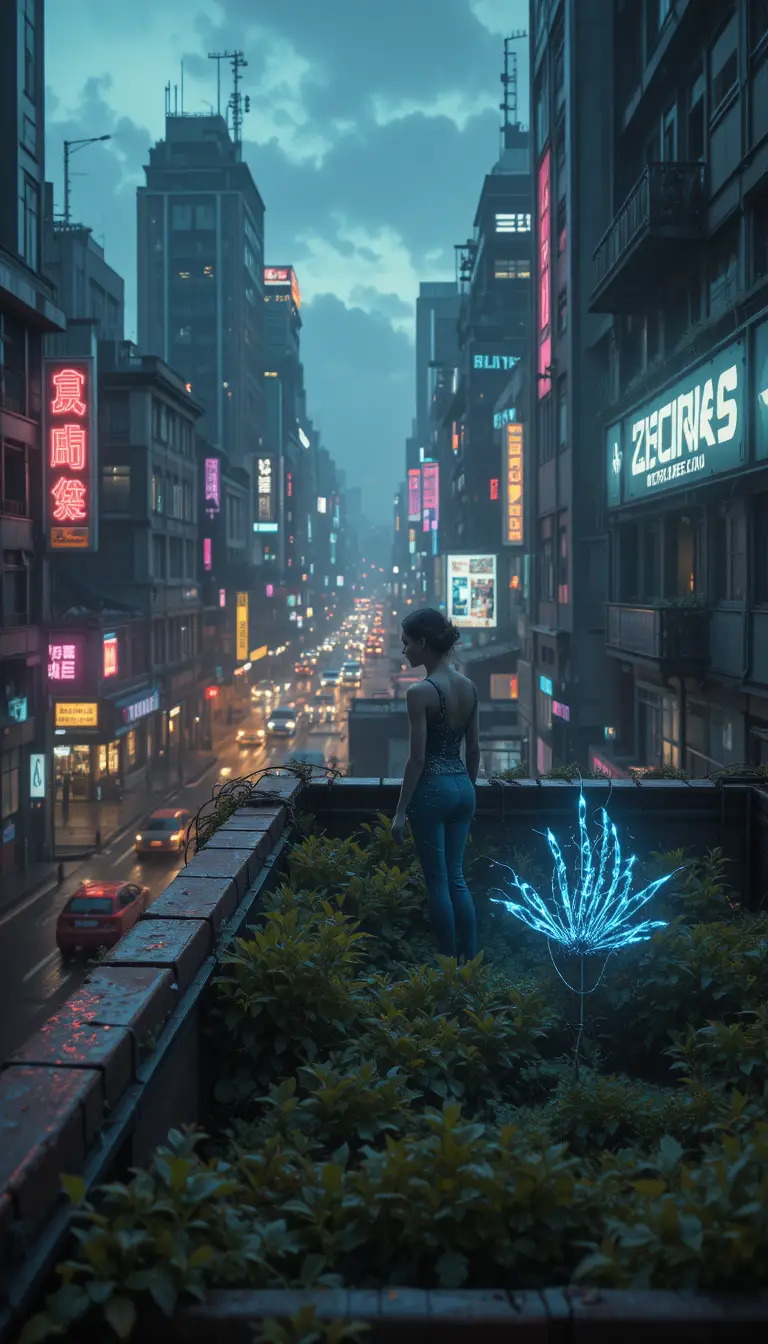 Cyberpunk-Stadt in der Dämmerung mit geheimem außerirdischem Dachgarten