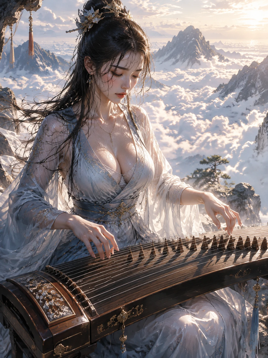 Female cultivator playing guzheng above the clouds