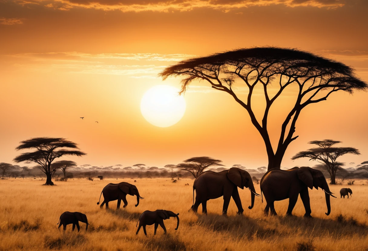 Silhuetas ao nascer do sol sobre a vida selvagem na savana africana