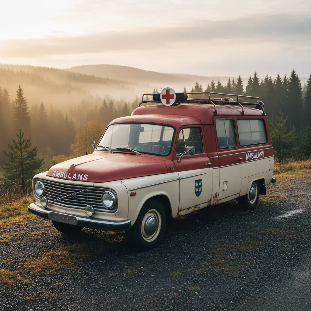 Vintage Swedish ambulance in a misty Scandinavian landscape