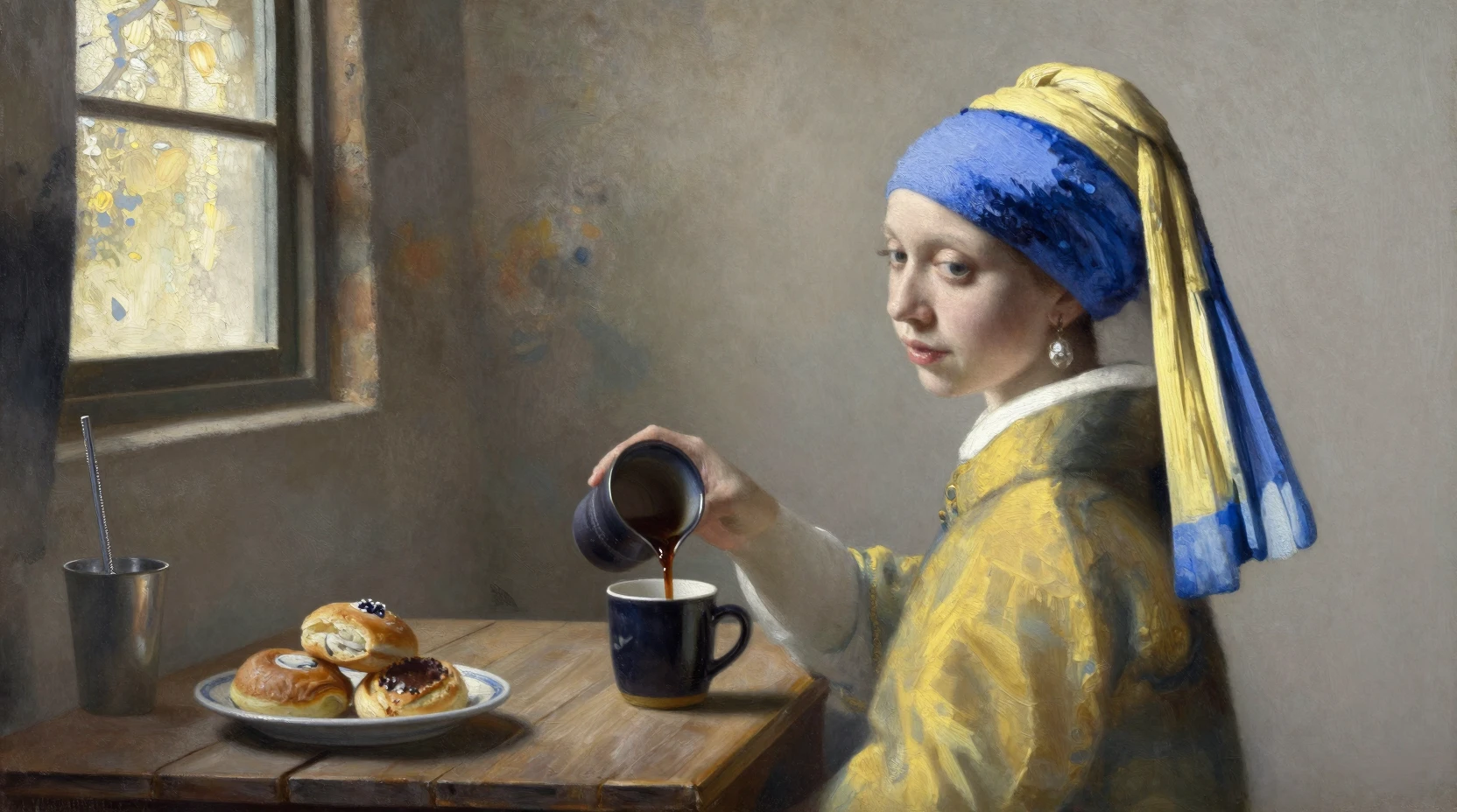 Young woman pouring coffee in a tranquil indoor painting