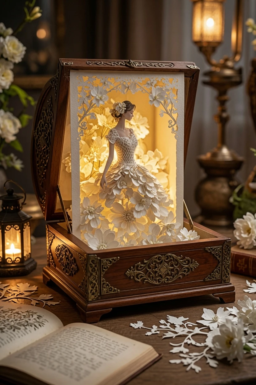 Mulher recortada em papel com vestido florido na luz quente