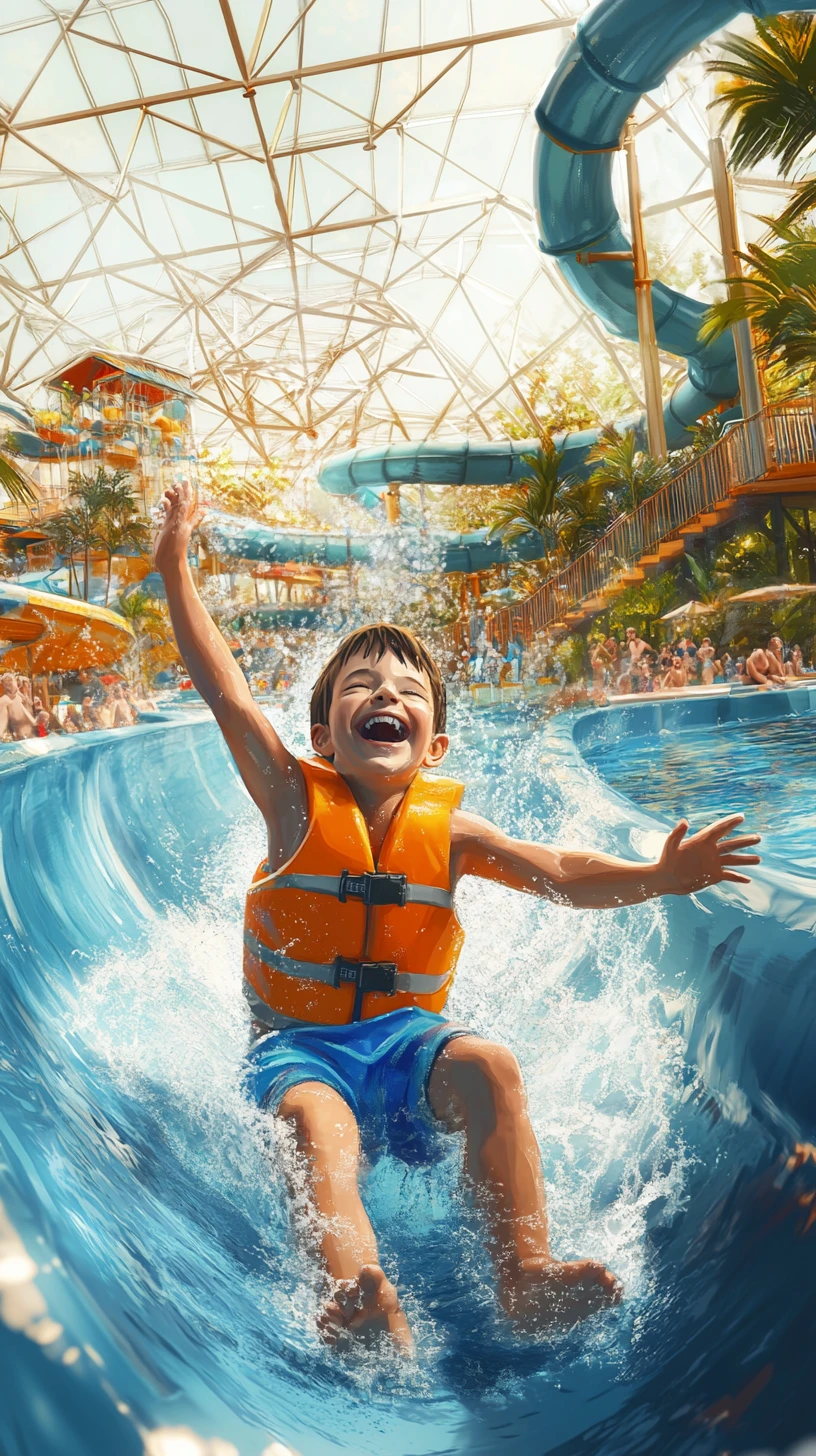Menino alegre deslizando em parque aquático tropical coberto