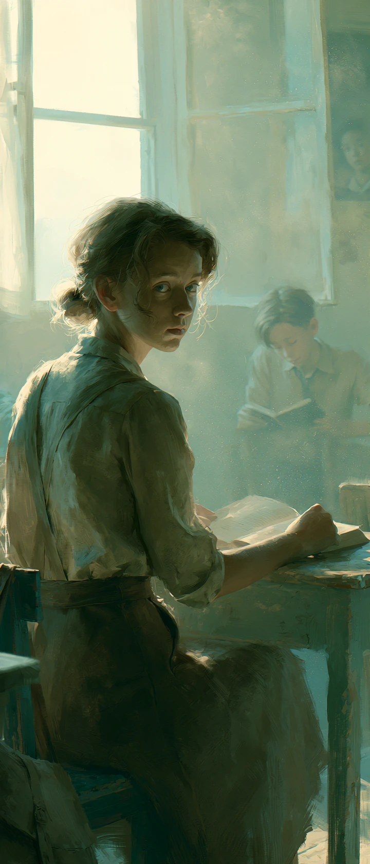 Soft classroom window light with a tender gaze of youth