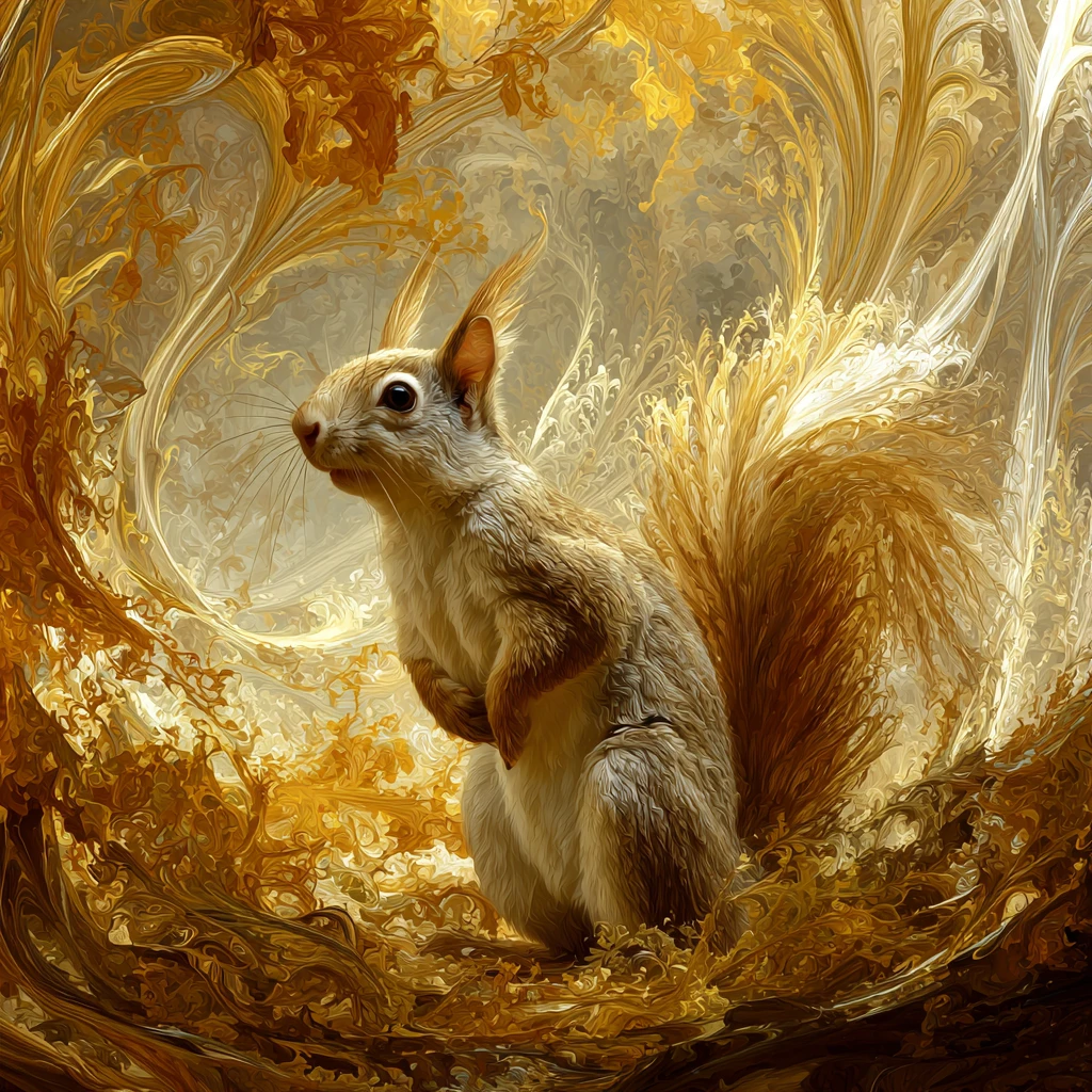 Whimsical Squirrel In A Dreamlike Golden Forest Scene
