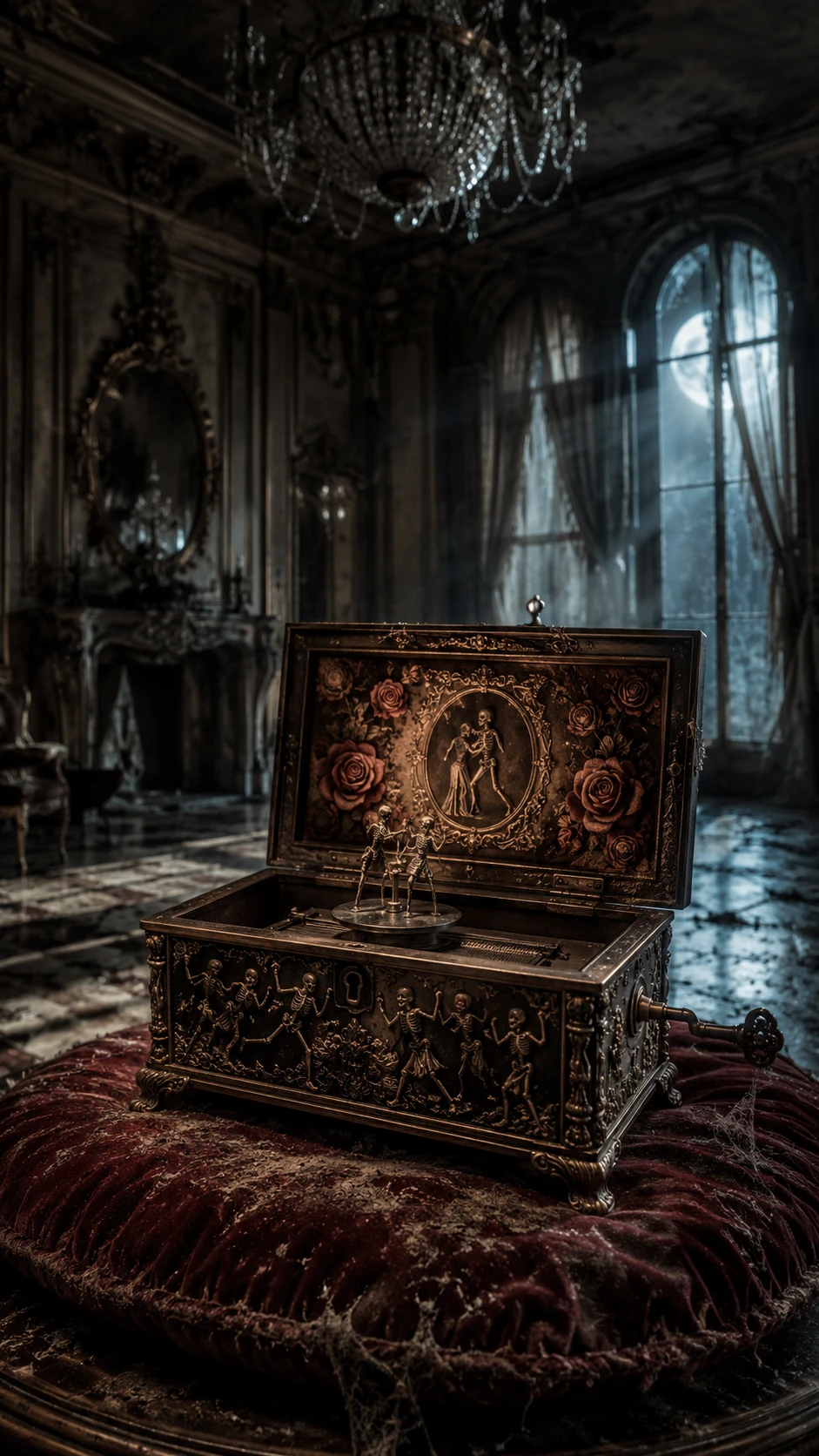 Antique music box on velvet cushion in abandoned ballroom