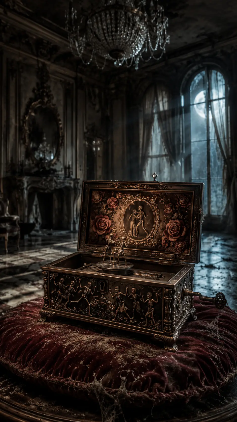 Antique music box on velvet cushion in abandoned ballroom