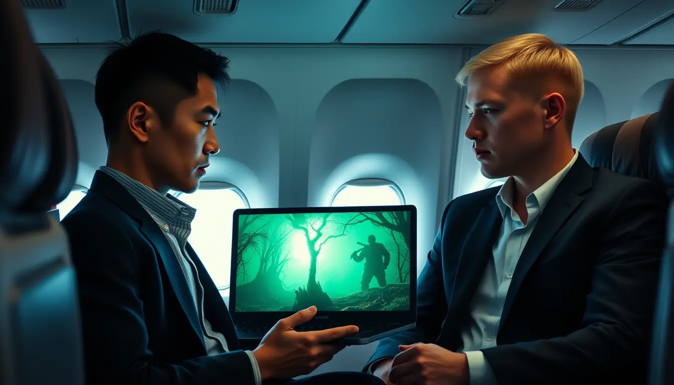 Zwei Männer, die in einer Flugzeugkabine auf einen Laptop schauen