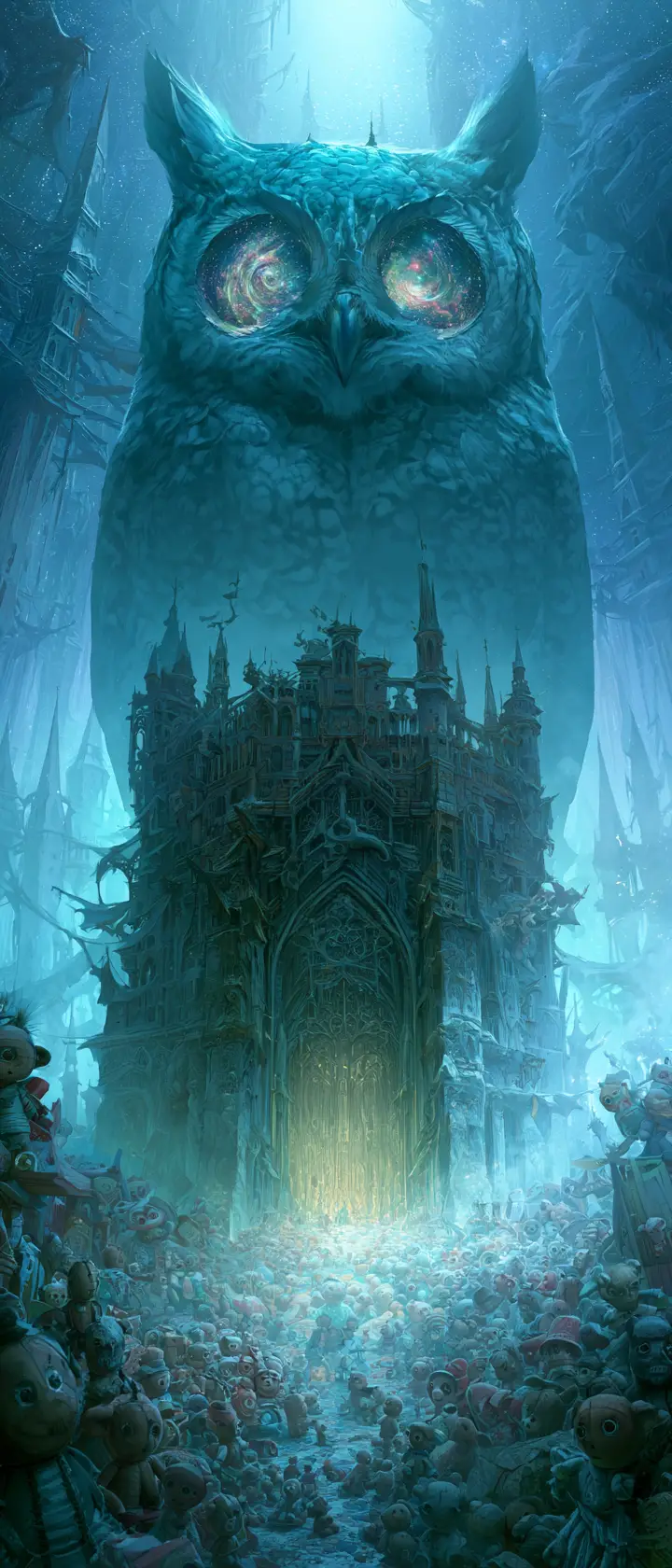 Giant cosmic eyed owl on crumbling gothic tower