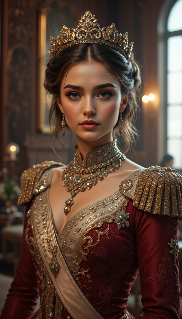 Regal warrior princess portrait in a grand palace interior